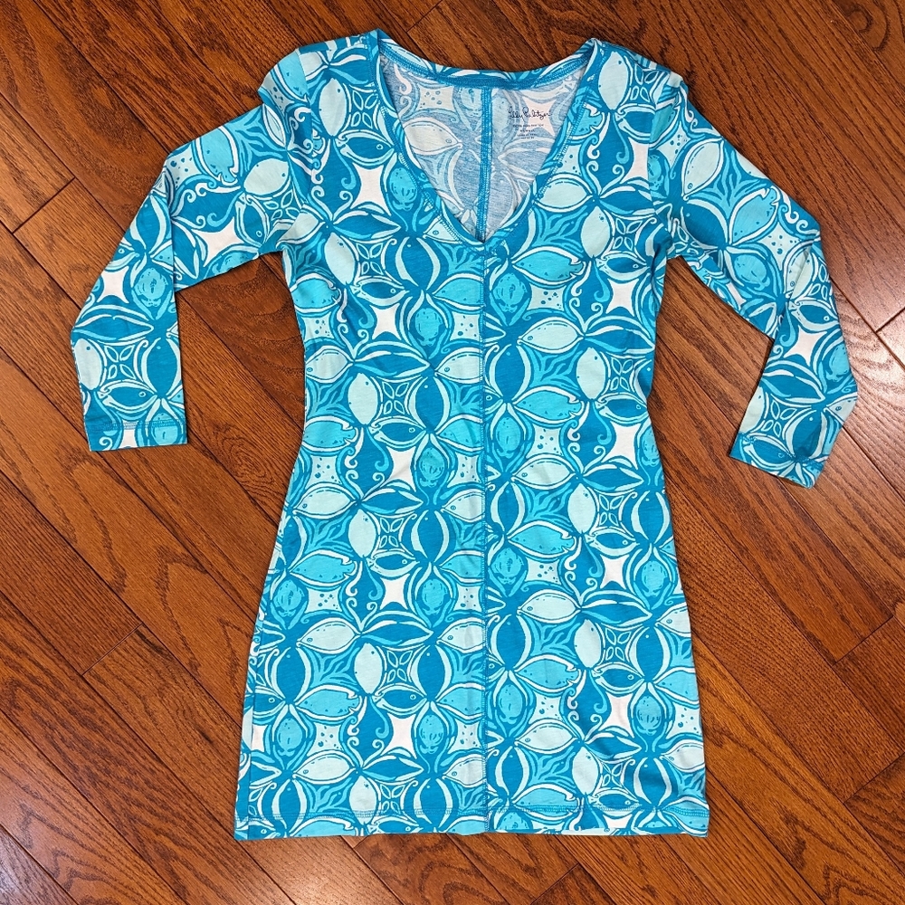 Lilly Pulitzer Ariel Blue What a Racquet Juliet Dress V-Neck 3/4 Sleeve Pima Ctn